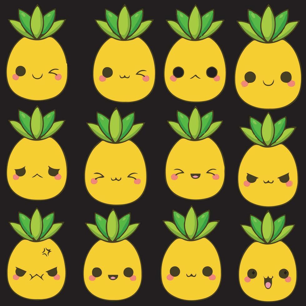 Collection of decorative pineapples of various color and texture isolated on white background. Bundle of exotic tropical ripe juicy fruits. Colorful hand drawn vector illustration in doodle style.