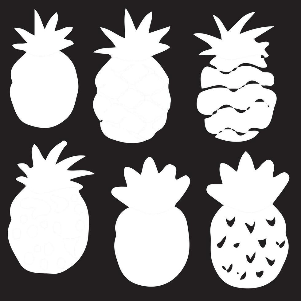 Collection of decorative pineapples of various color and texture isolated on white background. Bundle of exotic tropical ripe juicy fruits. Colorful hand drawn vector illustration in doodle style.