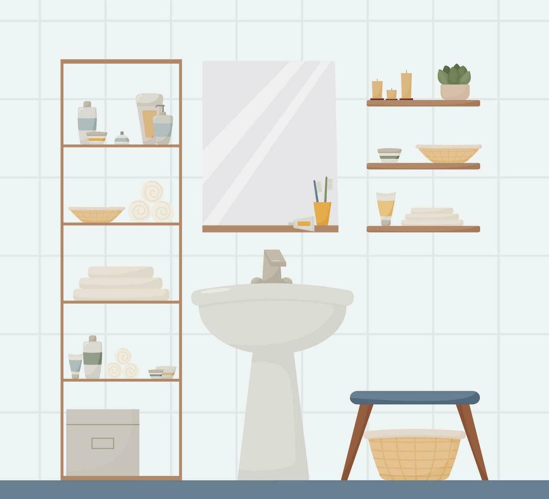 bathroom interior, furniture and plumbing, sink, shampoo, towel, candle, lotion, toothbrush, toothpaste, mirror, plant, flat style, modern vector illustration