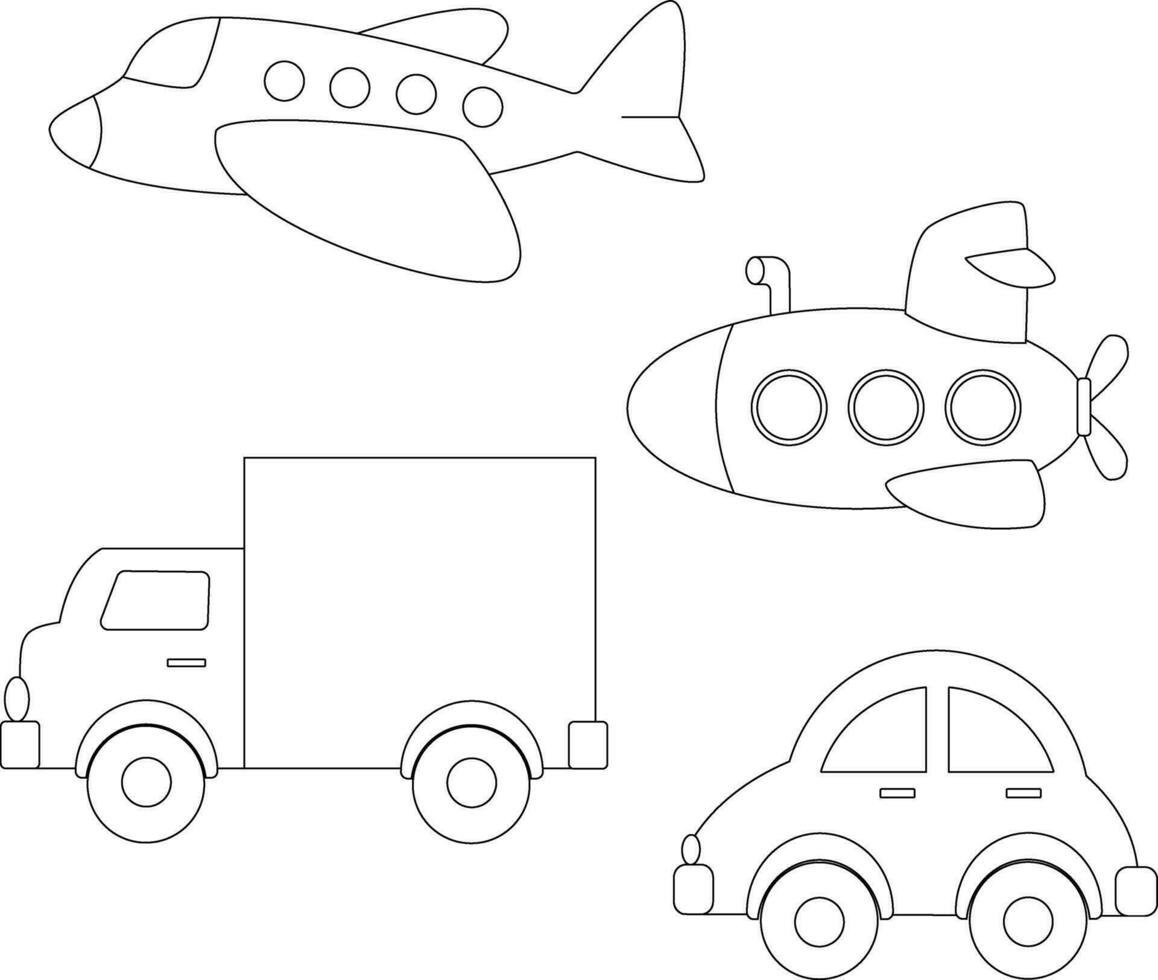 contorno kawaii transporte clipart haz en dibujos animados estilo para niños y niños incluye 4 4 vehículos vector