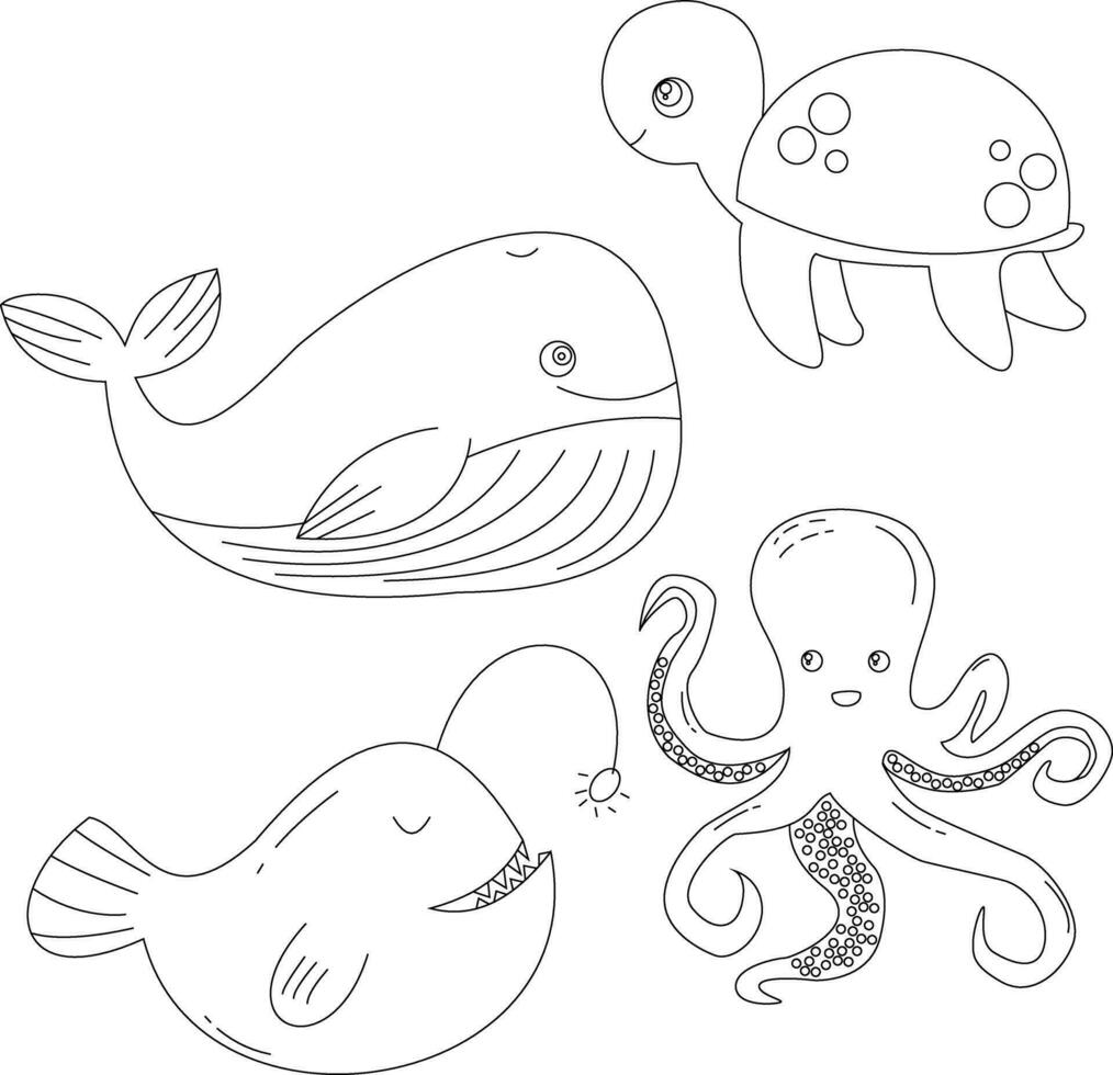 contorno submarino animales clipart conjunto en dibujos animados estilo. incluye 4 4 Oceano animales para niños y niños vector