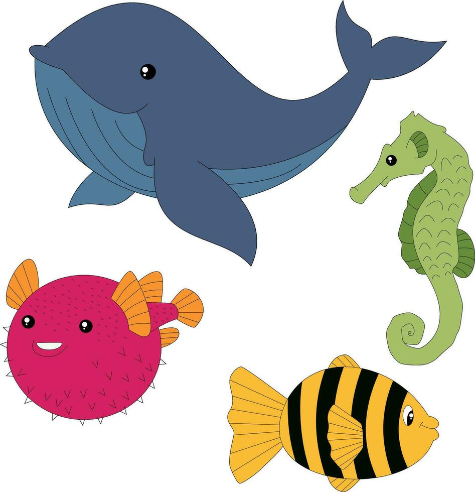 vistoso acuático animales clipart haz en dibujos animados estilo. incluye 4 4 acuático animales para niños y niños vector