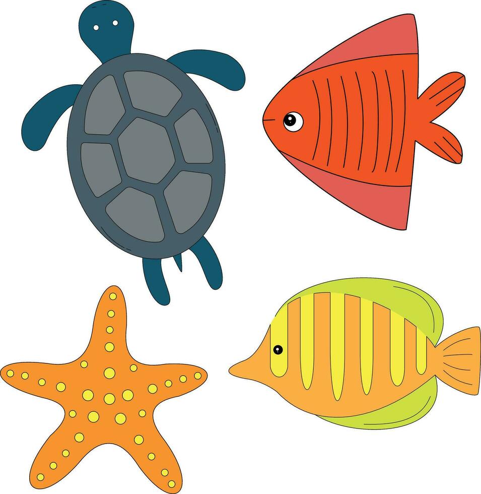 vistoso acuático animales clipart conjunto en dibujos animados estilo. incluye 4 4 acuático animales para niños y niños vector