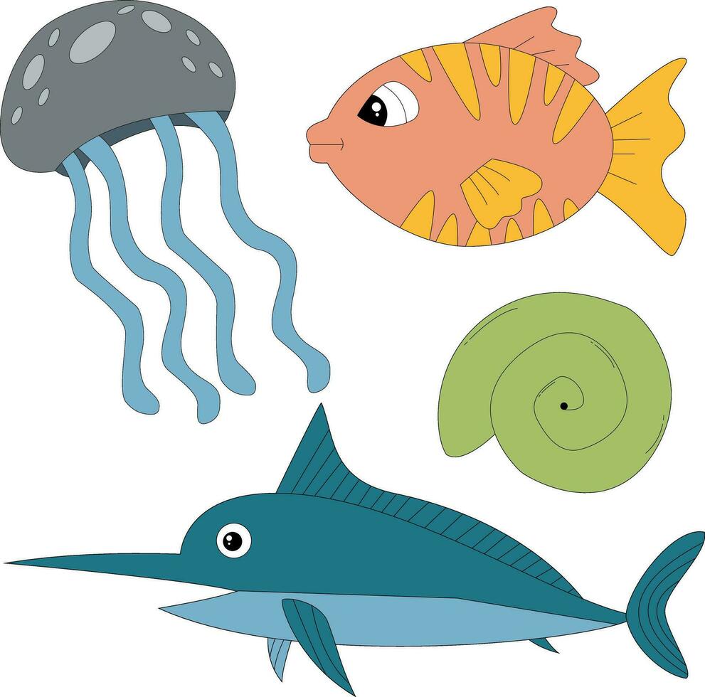 colorful aquatic animals clipart collection in cartoon style. includes 4 aquatic animals for kids and children vector