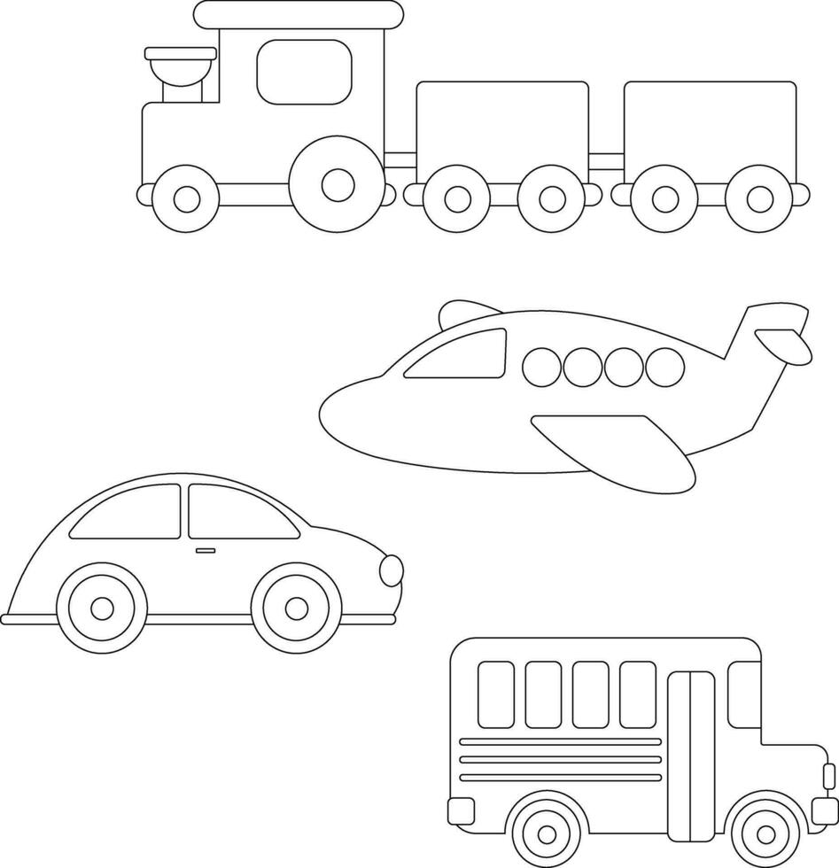 outline transportation clipart collection in cartoon style for kids and children includes 4 vehicles vector