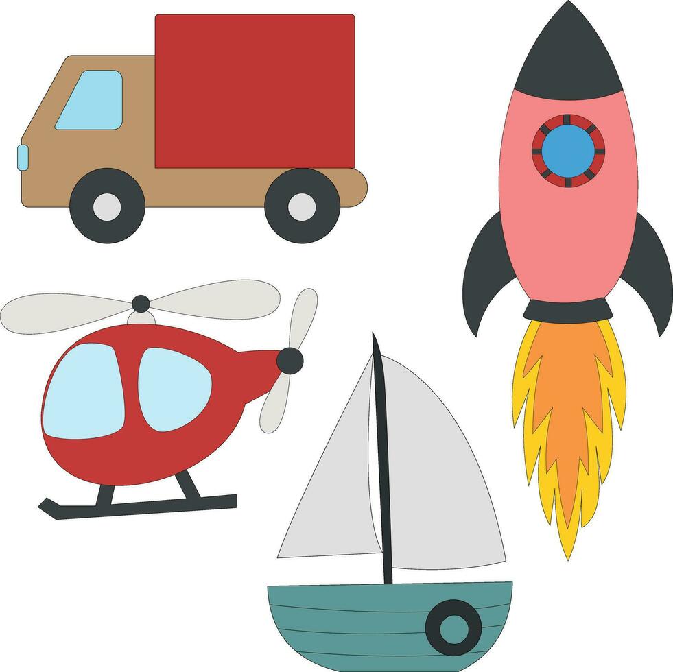 vistoso adorable transporte clipart conjunto en dibujos animados estilo para niños y niños incluye 4 4 vehículos vector