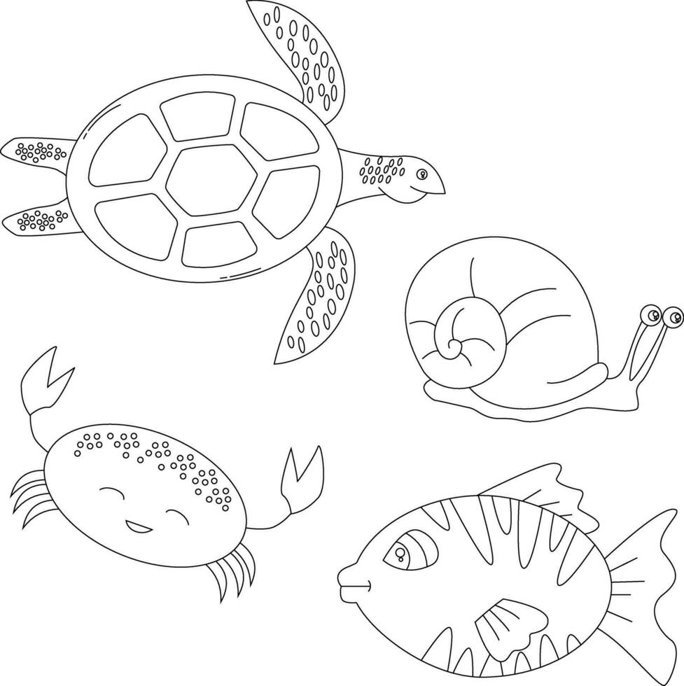 outline ocean animals clipart set in cartoon style. includes 4 aquatic creatures for kids and children vector