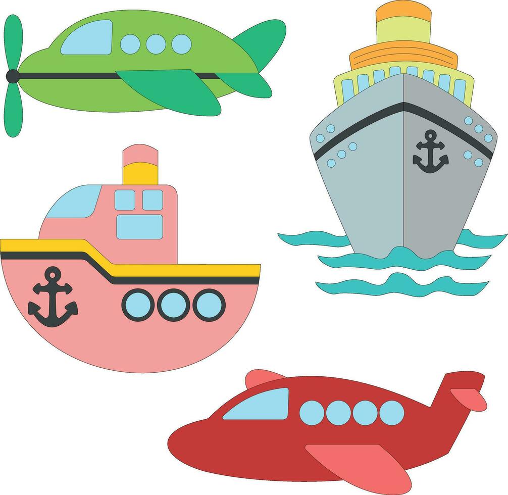 colorful transportation clipart bundle in cartoon style for kids and children includes 4 vehicles vector
