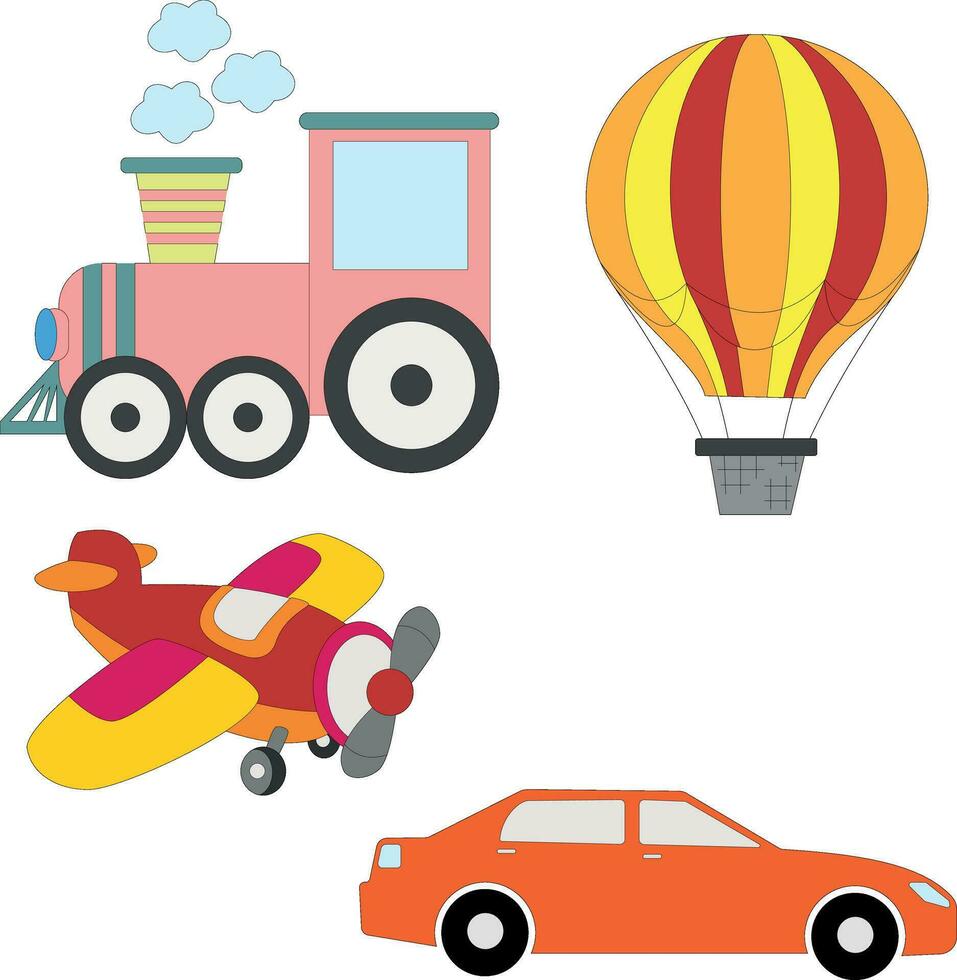 colorful kawaii transportation clipart bundle in cartoon style for kids and children includes 4 vehicles vector