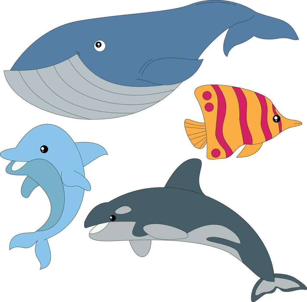 colorful underwater animals clipart set in cartoon style. includes 4 ocean animals for kids and children vector