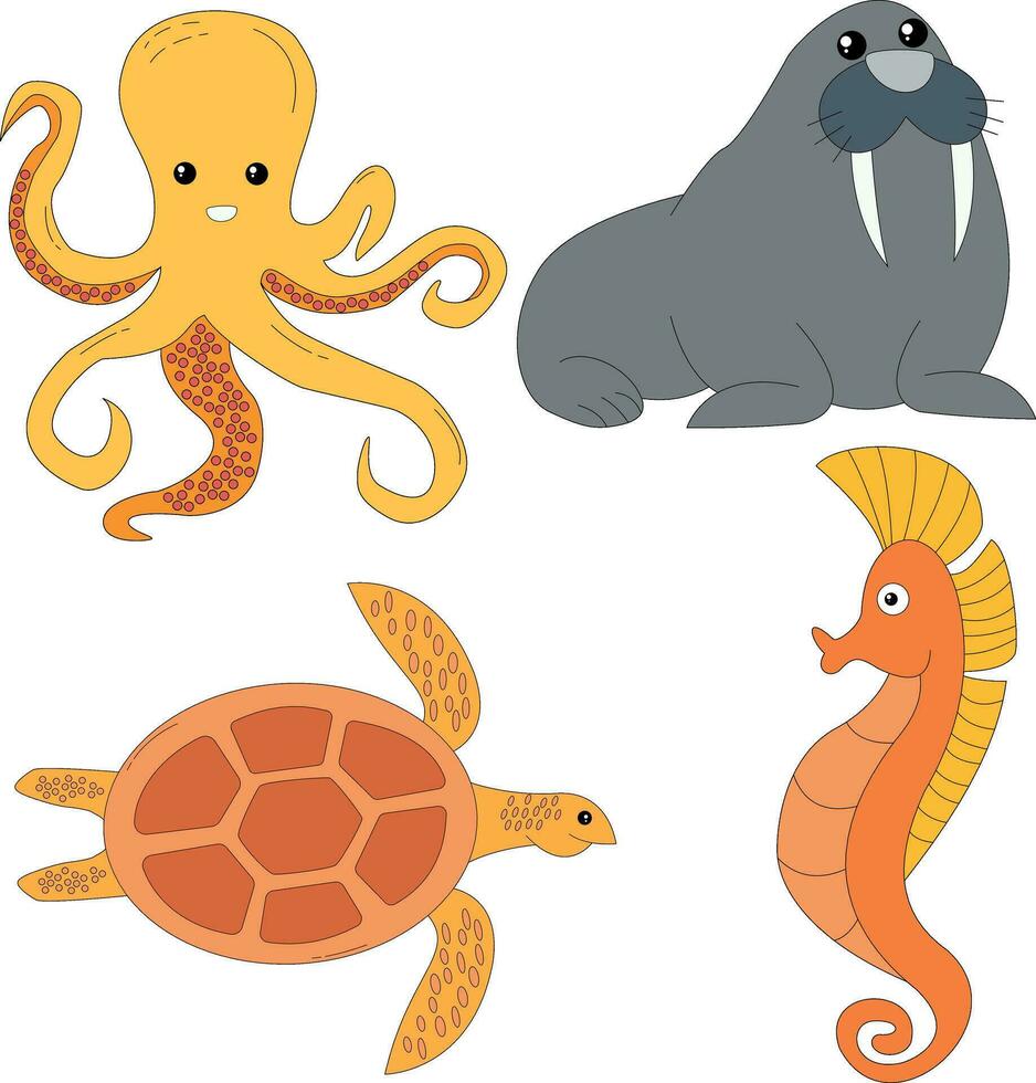 vistoso mar animales clipart conjunto en dibujos animados estilo. incluye 4 4 Oceano animales para niños y niños vector