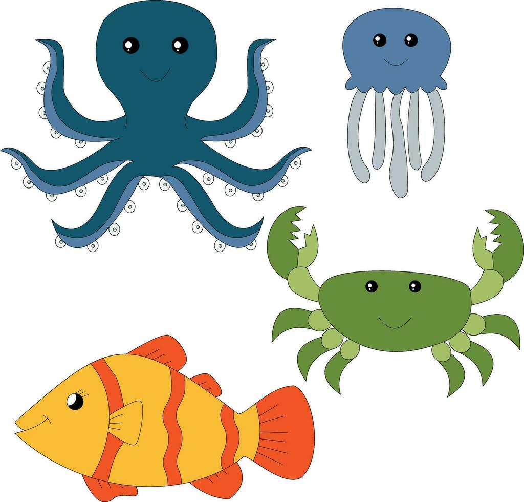 colorful ocean creatures clipart set in cartoon style. includes 4 aquatic animals for kids and children vector