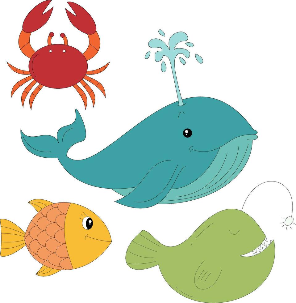 colorful ocean animals clipart set in cartoon style. includes 4 sea animals for kids and children vector