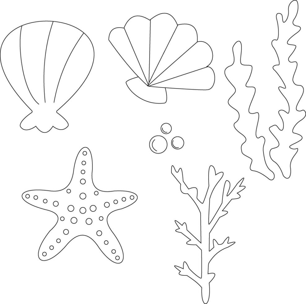 outline sea creatures clipart set in cartoon style. includes 4 aquatic animals for kids and children vector