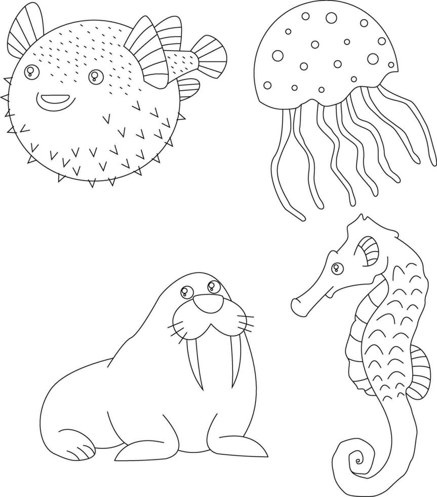 outline aquatic animals clipart collection in cartoon style. includes 4 aquatic animals for kids and children vector