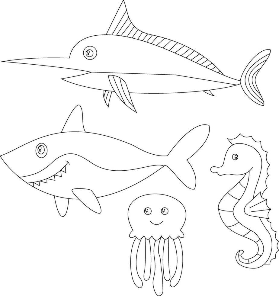 outline ocean creatures clipart collection in cartoon style. includes 4 aquatic animals for kids and children vector