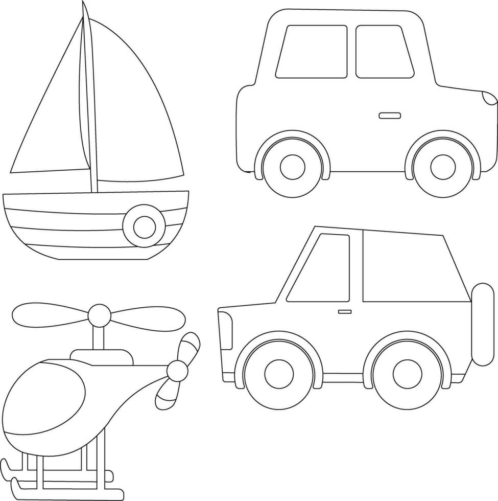 contorno adorable transporte clipart conjunto en dibujos animados estilo para niños y niños incluye 4 4 vehículos vector