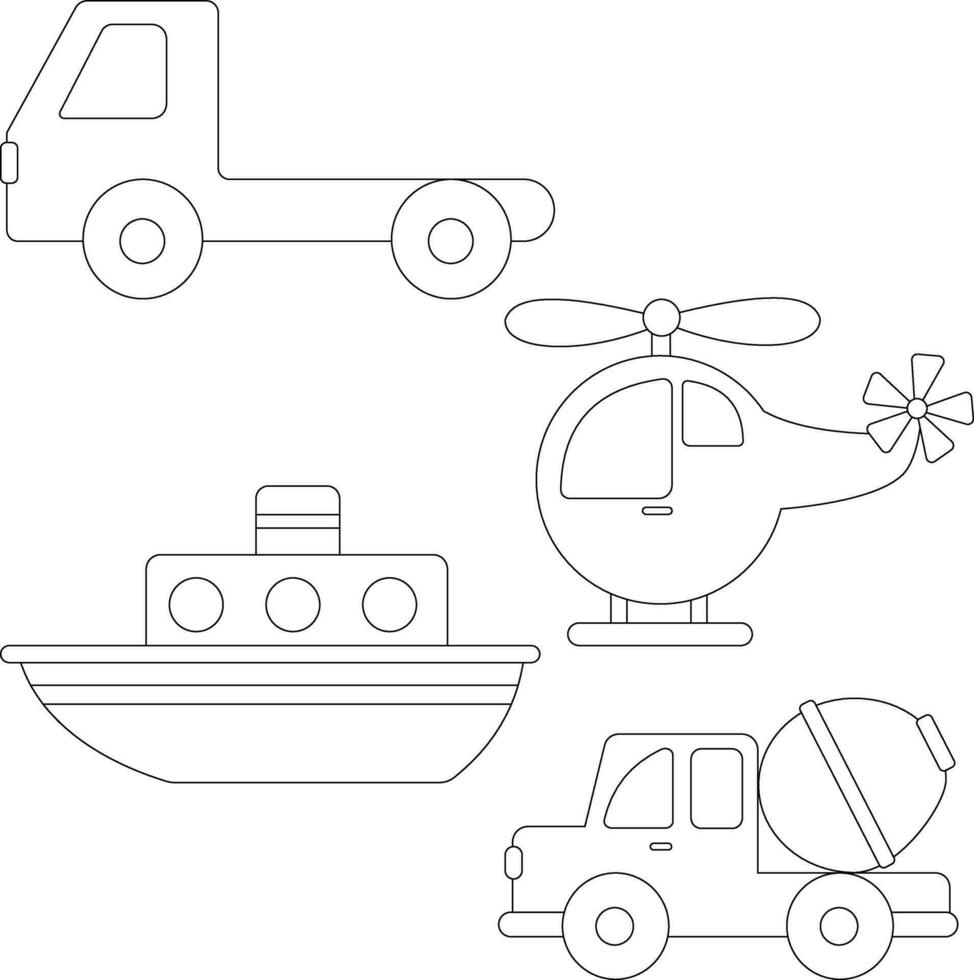 contorno transporte clipart conjunto en garabatear dibujos animados estilo para niños y niños incluye 4 4 vehículos vector