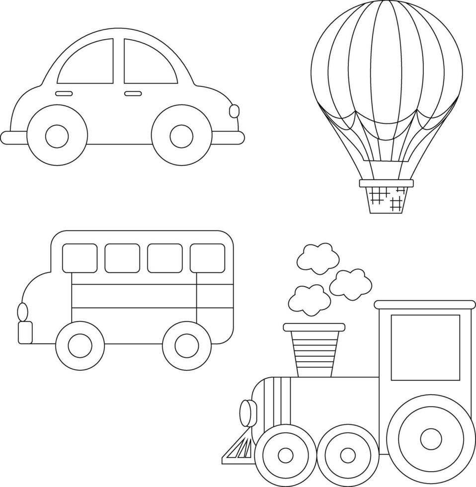 contorno transporte clipart conjunto en dibujos animados estilo para niños y niños incluye 4 4 vehículos vector