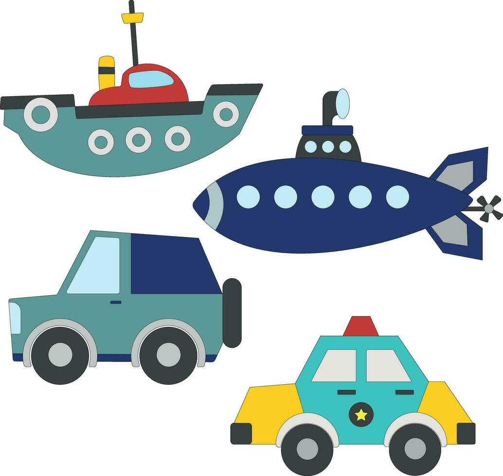 colorful kawaii transportation clipart set in cartoon style for kids and children includes 4 vehicles vector