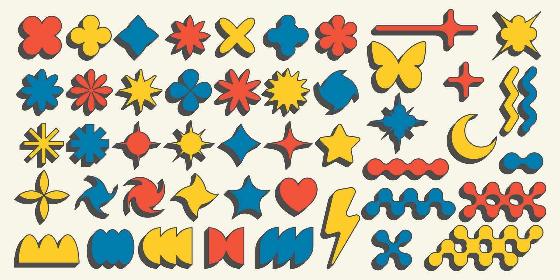 Abstract geometric elements for design. Neobrutalism graphic shapes. Minimal groovy Y2k retro stickers. Set of retro labels. Simple vector flowers, butterfly and stars.