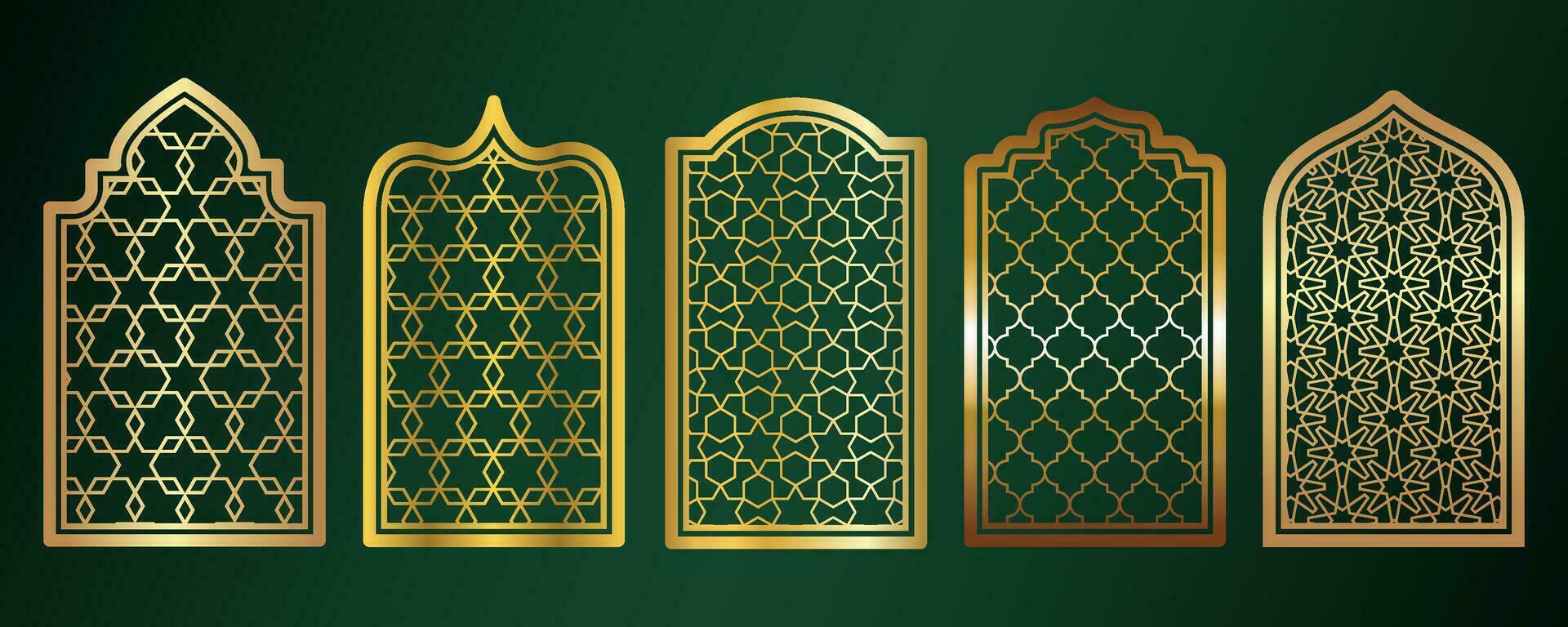 Golden amadan windows. Islamic door frames with ornament. Arabic mosque arch on green background. Islamic vector decoration