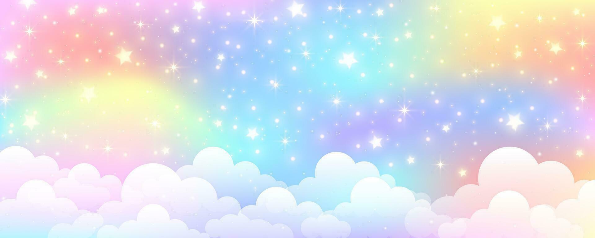 arco iris unicornio pastel antecedentes con Brillantina estrellas. rosado nublado fantasía cielo. linda holográfico espacio. hada iridiscente degradado fondo. vector