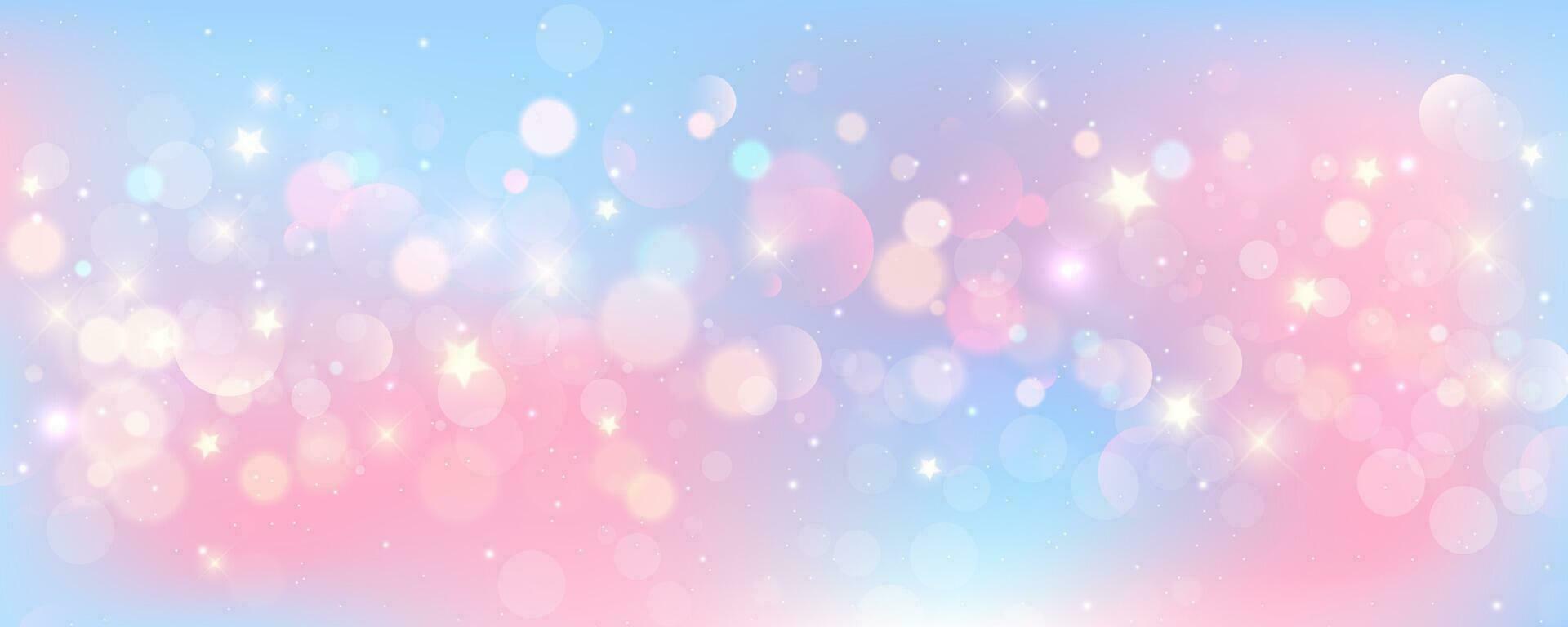 Pink unicorn background. Pastel watercolor sky with glitter stars and bokeh. Fantasy galaxy with holographic texrure. Magic marble space. Vector