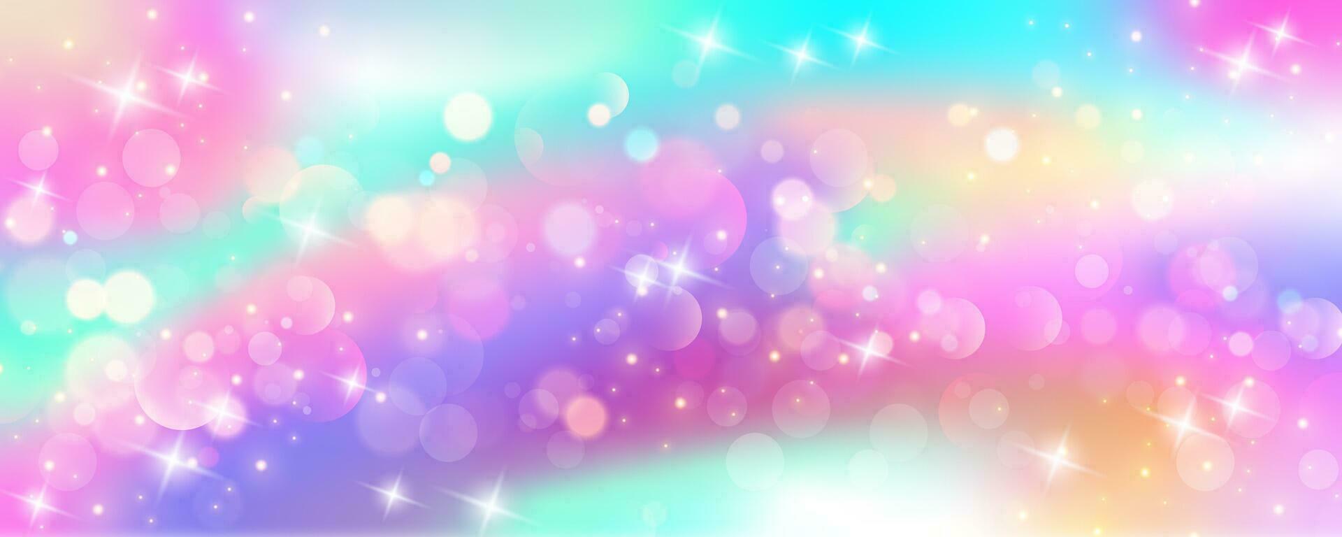 arco iris unicornio pastel antecedentes con Brillantina estrellas. rosado fantasía cielo. holográfico espacio con Bokeh. hada iridiscente degradado fondo. vector