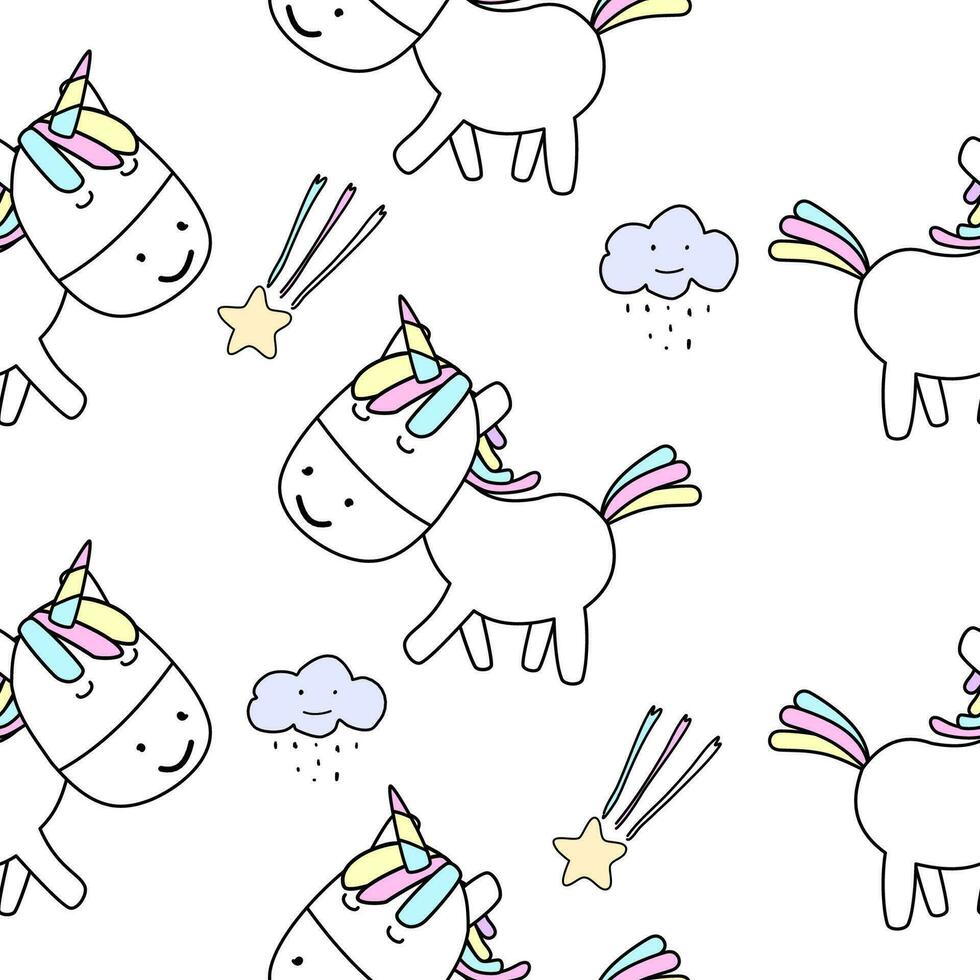 Cute unicorn decorated with clouds and stars. Seamless on a white background. vector