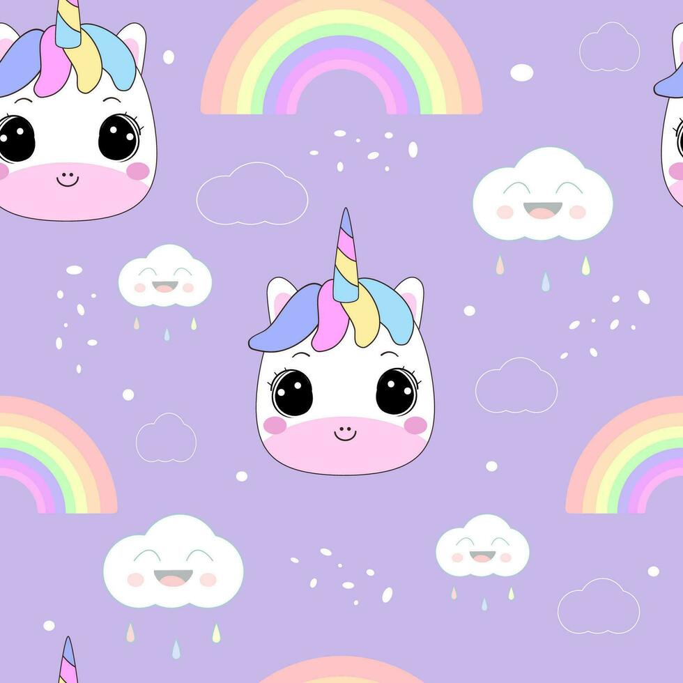 Cute little unicorn decorated with rainbow and clouds. Seamless pattern on pastel purple background vector