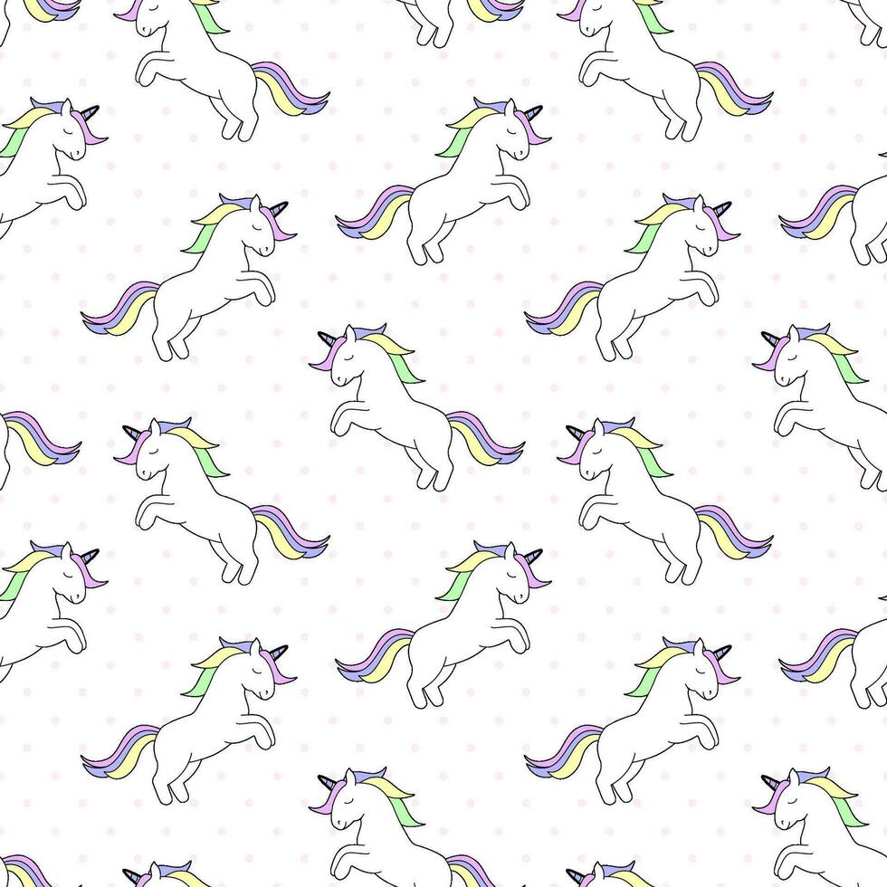 Cute white unicorn on a white background with pink polka dots. Seamless pattern for wallpaper design and decoration. vector