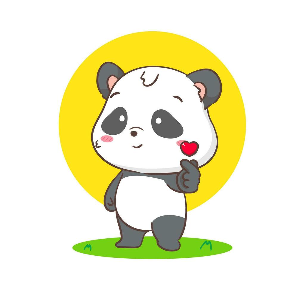 Cute panda with big love heart. Adorable kawaii animal concept design. Flat cartoon character. Isolated white background. Vector Art illustration