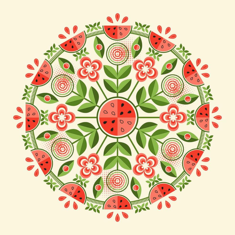 Circular watermelon ornament in geometric style vector