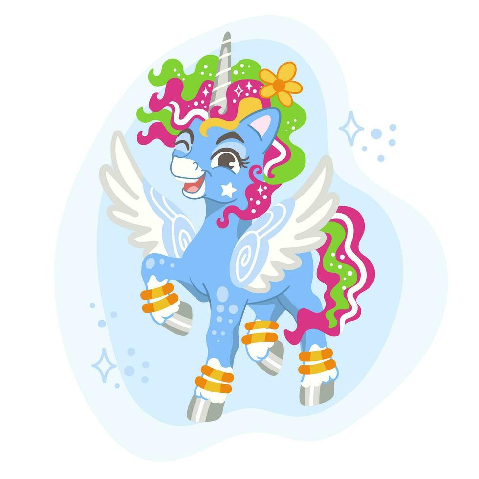 linda dibujos animados personaje contento azul unicornio vector ilustración