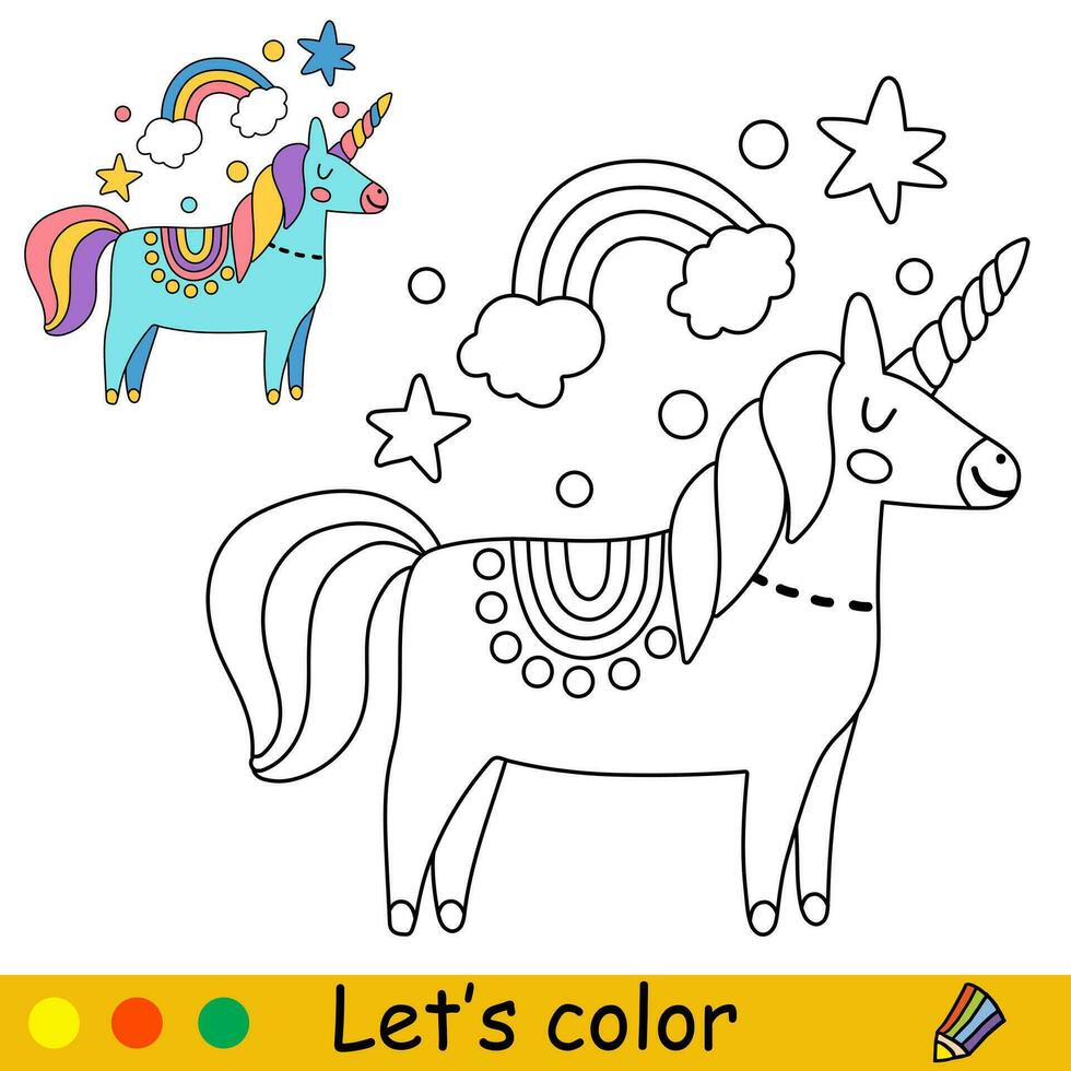 Cartoon doodle unicorn kids coloring book page vector