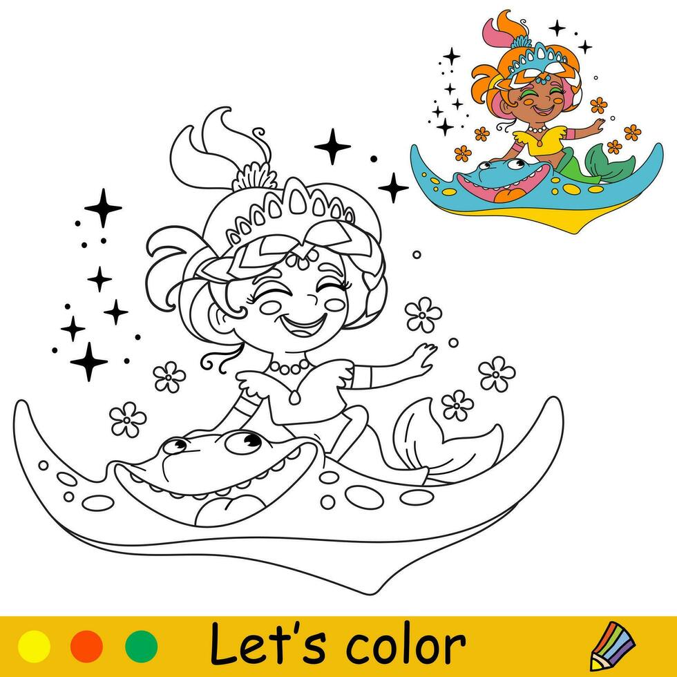 Kids coloring cute mermaid and sea stingray vector illustration