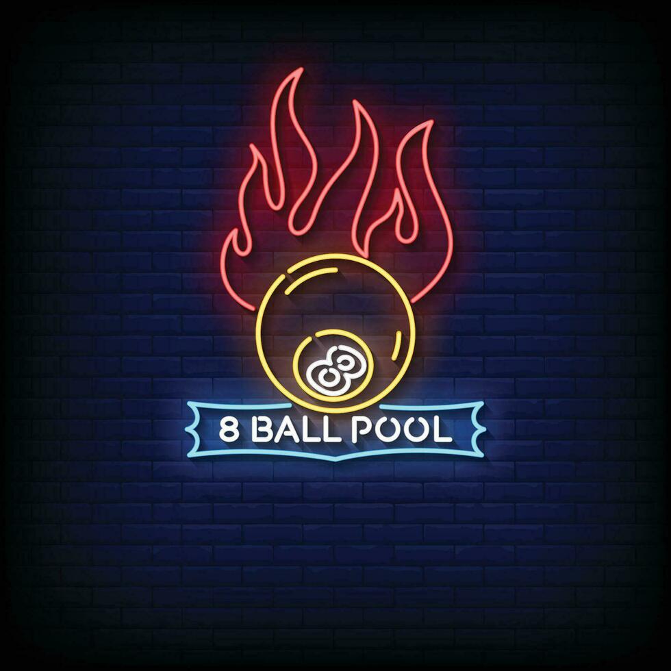 Neon Sign 8 ball pool with brick wall background vector