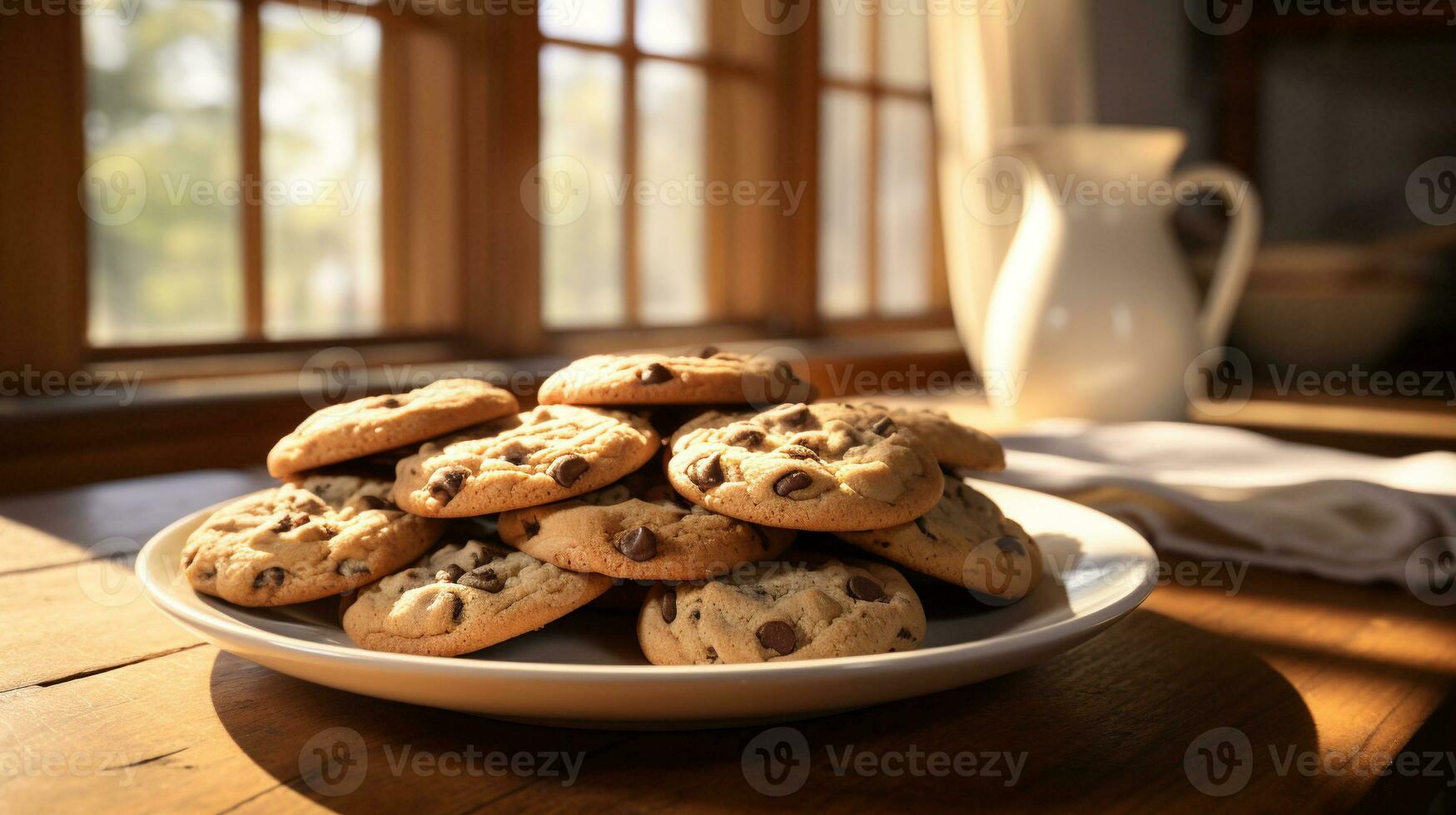 chocolate chip galletas en blanco plato en de madera mesa. cerca arriba y selectivo enfocar. generativo ai foto