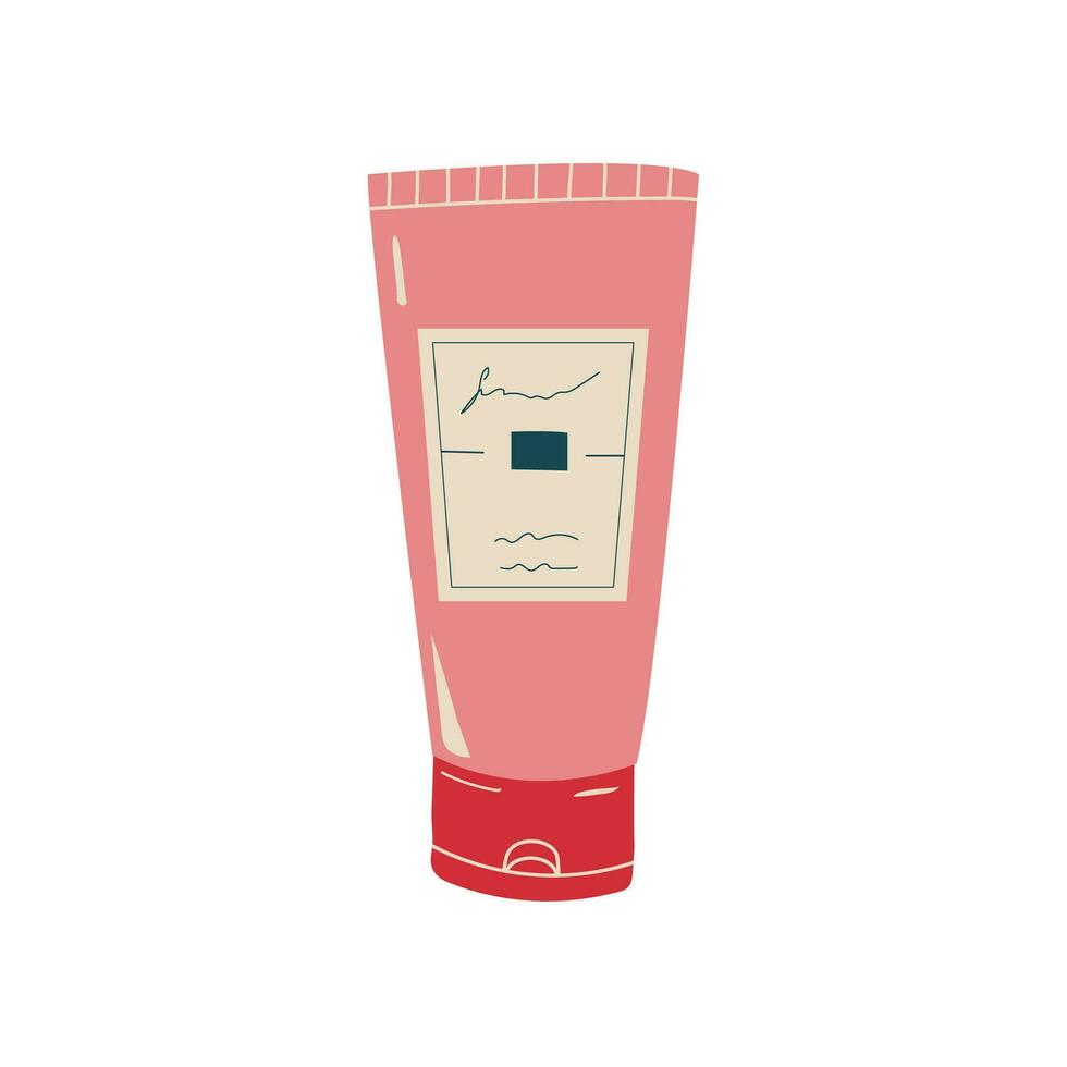 Face, hair, or hand cream tube vector illustration. Cosmetic cream or lotion in pink plastic container, cosmetic product for skincare isolated on white background.