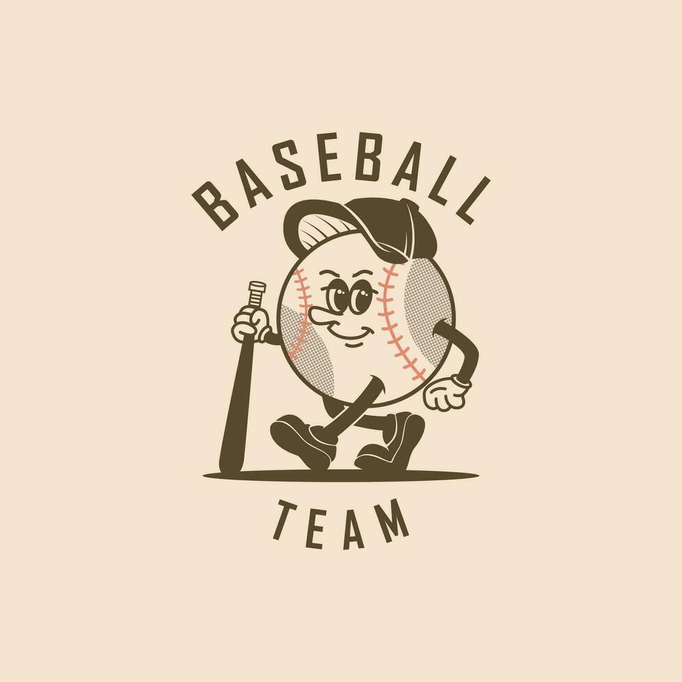 Mascot character design of baseball ball holding a stick in vintage style. Vector illustration.