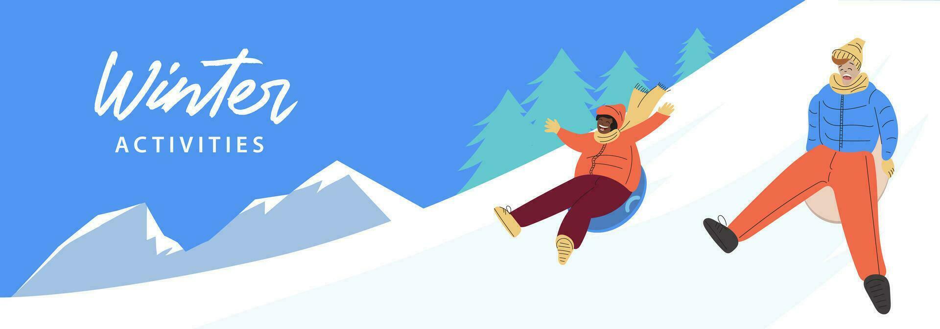 Banner with kids sliding down hill on sleds. Kids on sleds on winter holidays. Wintertime fun. Boys riding plastic sled. Sledding children. Winter outdoor activities. Ski resort in the mountains vector