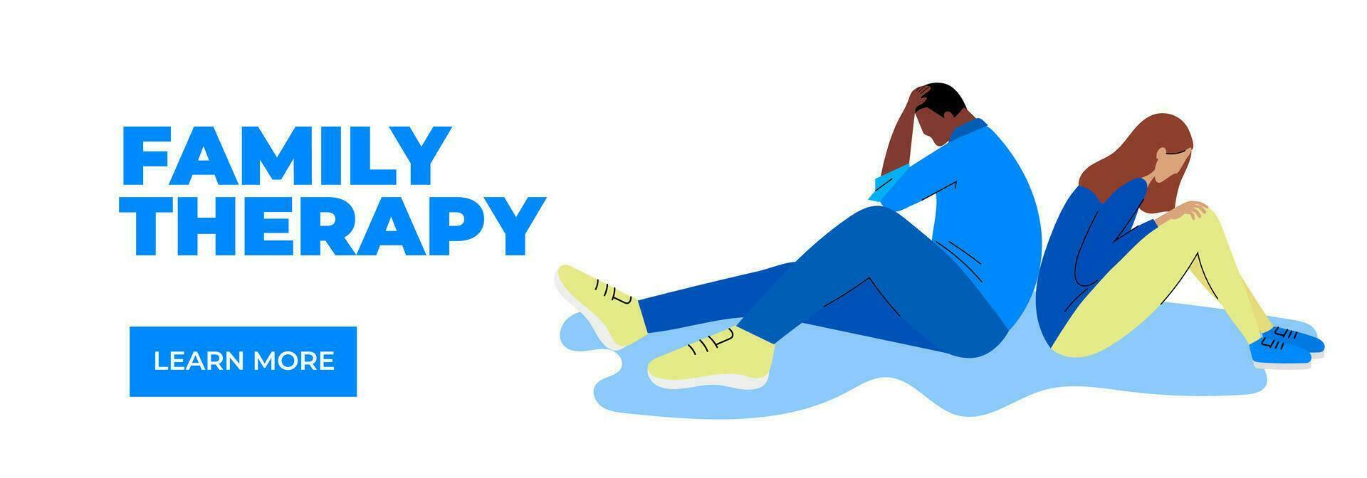 Family therapy banner template. Upset man and woman sitting with their backs to each other. Problems in the family, breaking up relationships, psychology. Sad couple. Psychotherapy vector