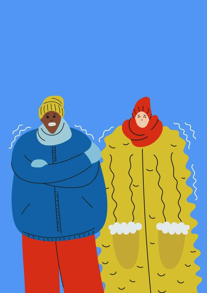 Frozen couple in winter. Man and woman character in the cold in warm clothes. People are shivering. Cartoon flat vector illustration