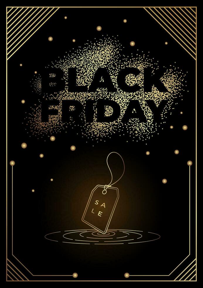 Golden luxury poster for Black Friday. Art deco style gold template with sale label and glitter. Sale shiny frame for on black background vector