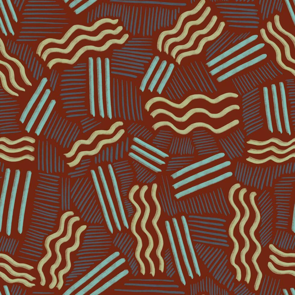 70s style abstract seamless pattern. Retro hand drawn texture with lines and waves. Colorful pencil scrawls on brown background vector