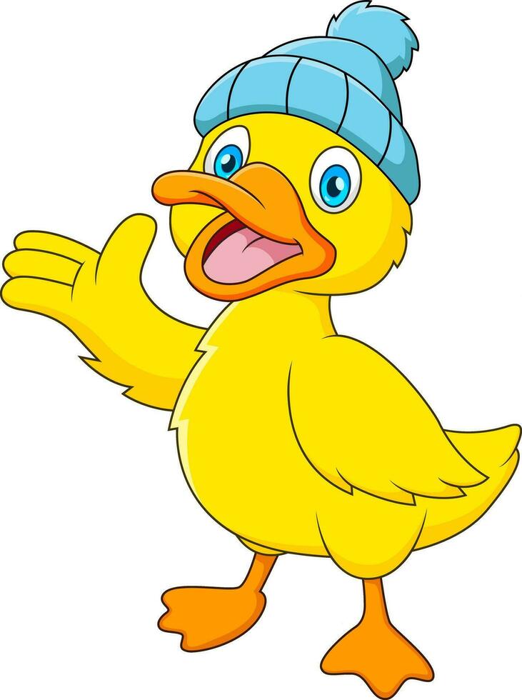 Mascot cartoon of a baby duck in a winter hat waving vector