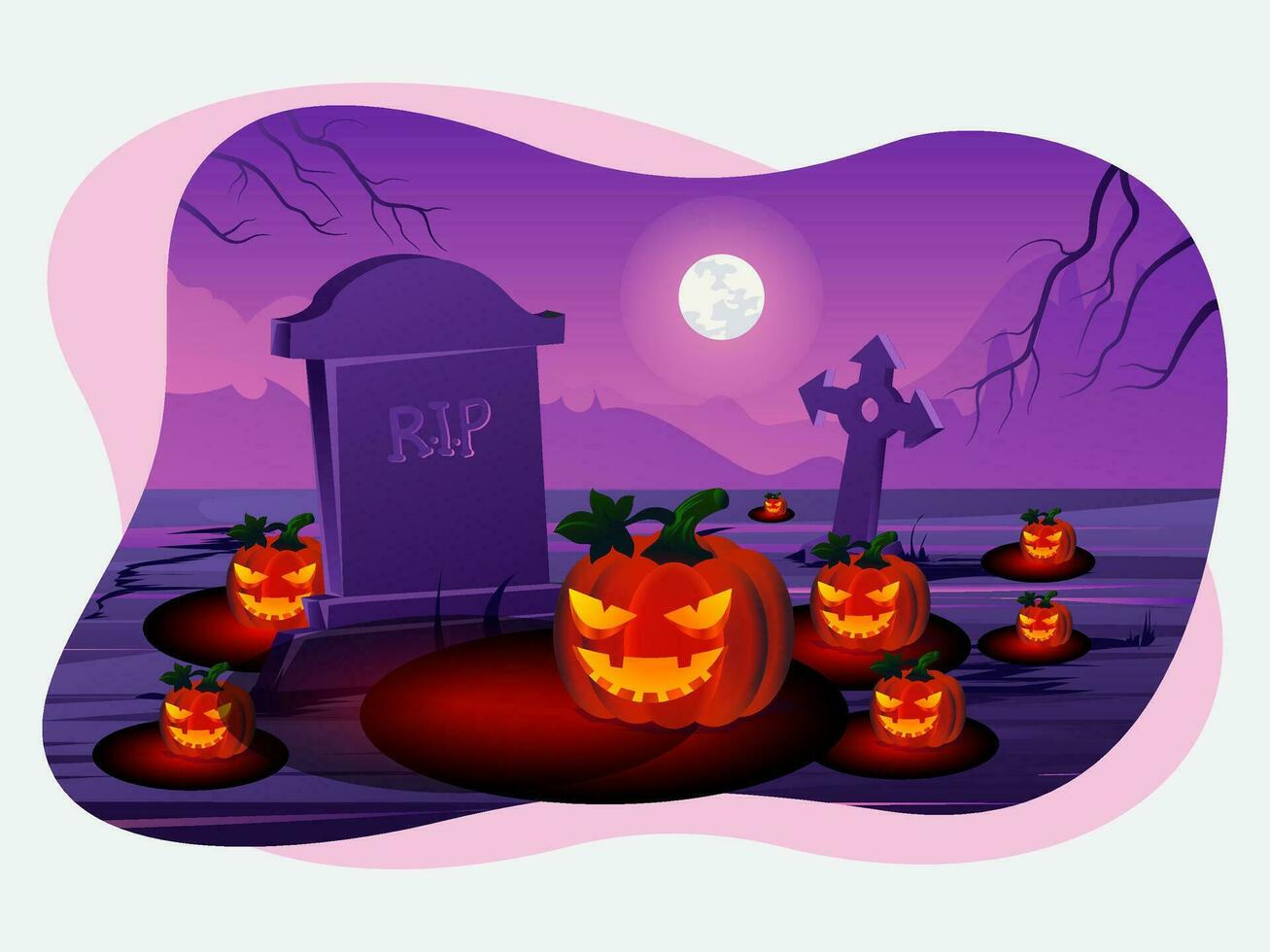 Halloween Pumpkins and Tombstones in the Graveyard Vector Background Bundle Pack Set Template