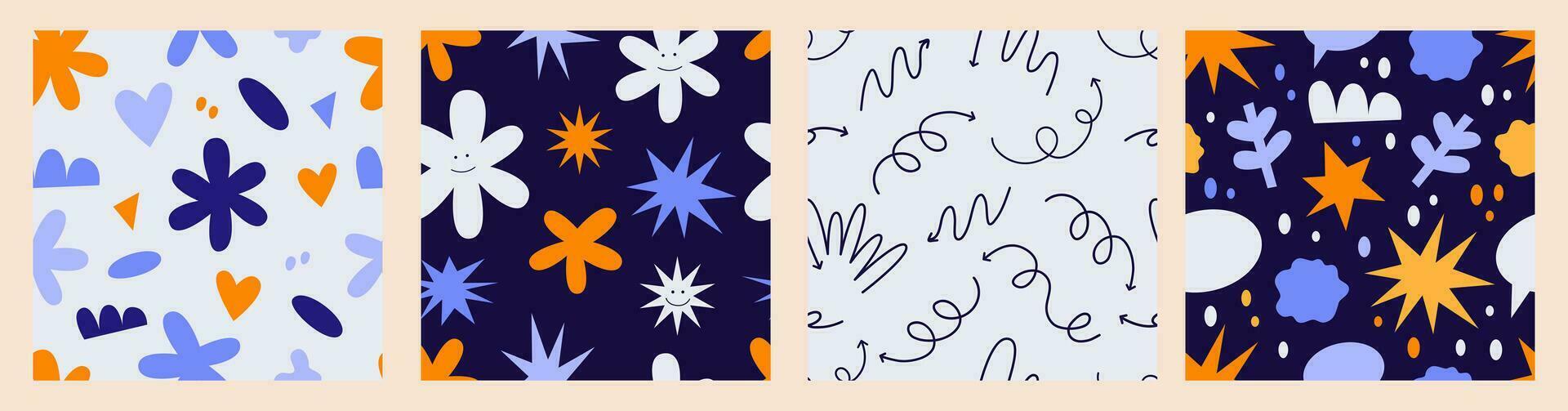 Collection of seamless patterns with playful abstract shapes, arrows, squiggles. Vector illustration.