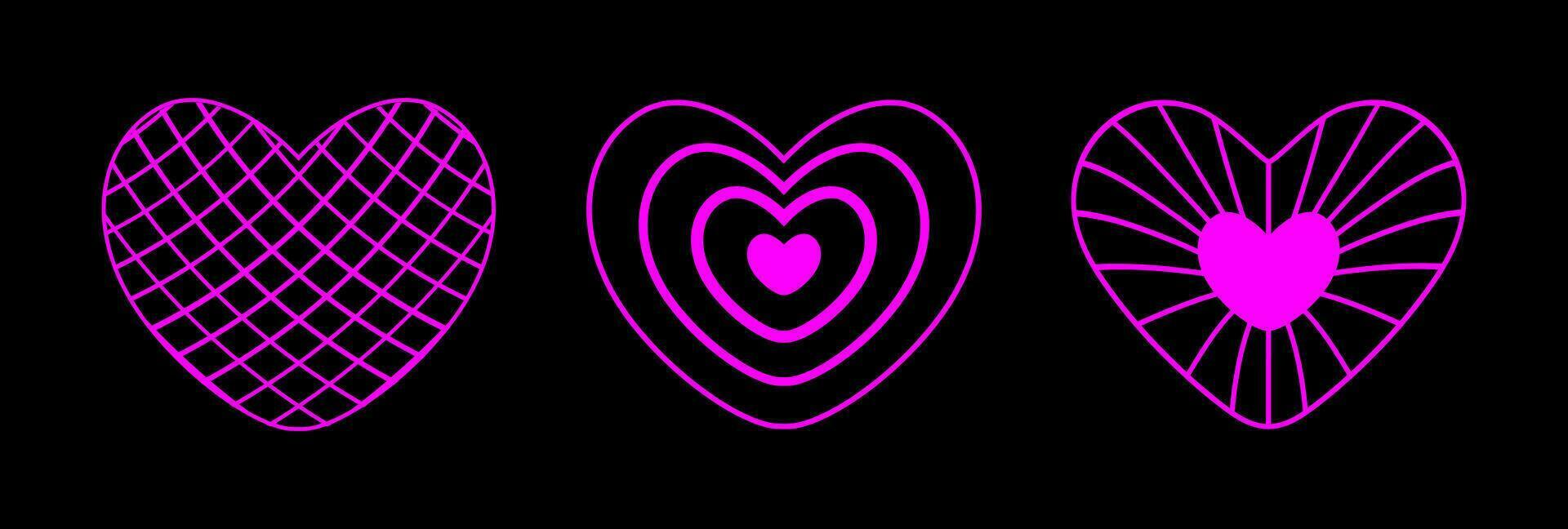 Neon pink wireframe heart shapes set on black background. Futuristic cyberpunk outline figures. Y2K retro style. vector